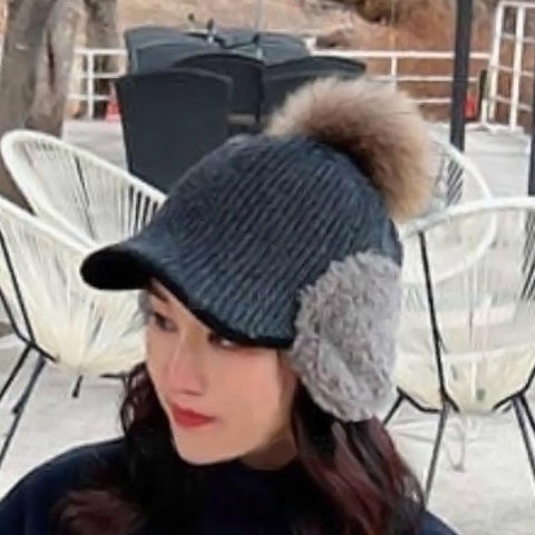 Women Knit Cap with Ear Flap and Pom Pom Winter Gold Ski Hat