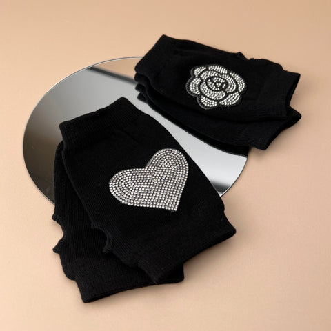 Rhinestone Fingerless Knitted Gloves Black Warm Mittens