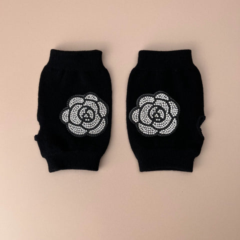 Rhinestone Fingerless Knitted Gloves Black Warm Mittens
