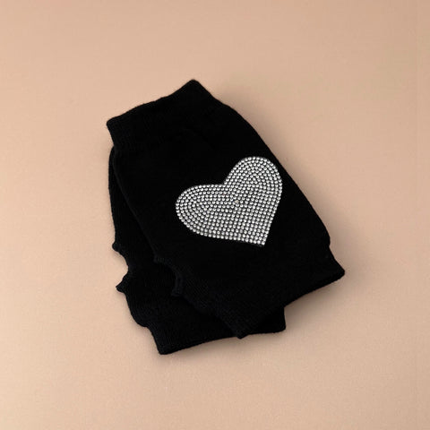 Rhinestone Fingerless Knitted Gloves Black Warm Mittens