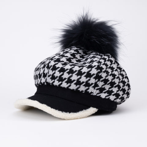 Wool Houndstooth Newsboy Pom Pom Cap