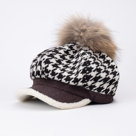 Wool Houndstooth Newsboy Pom Pom Cap