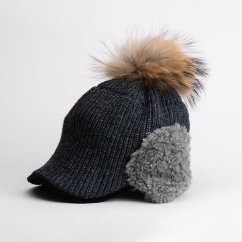 Women Knit Cap with Ear Flap and Pom Pom Winter Gold Ski Hat
