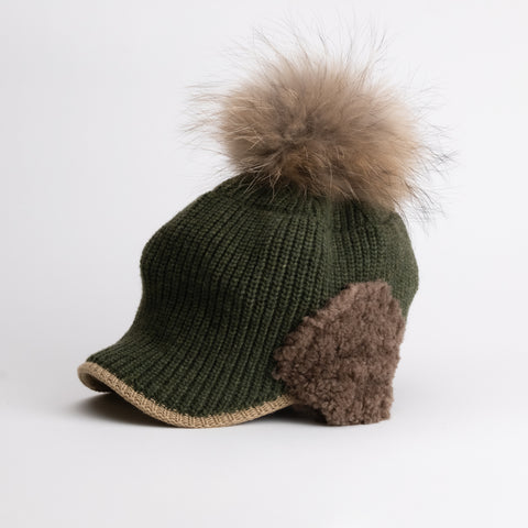 Women Knit Cap with Ear Flap and Pom Pom Winter Gold Ski Hat