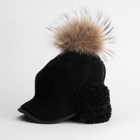 Women Knit Cap with Ear Flap and Pom Pom Winter Gold Ski Hat