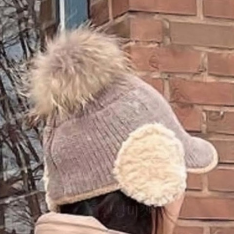 Women Knit Cap with Ear Flap and Pom Pom Winter Gold Ski Hat