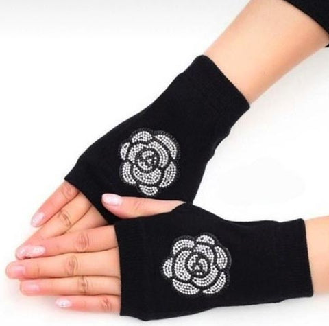 Rhinestone Fingerless Knitted Gloves Black Warm Mittens